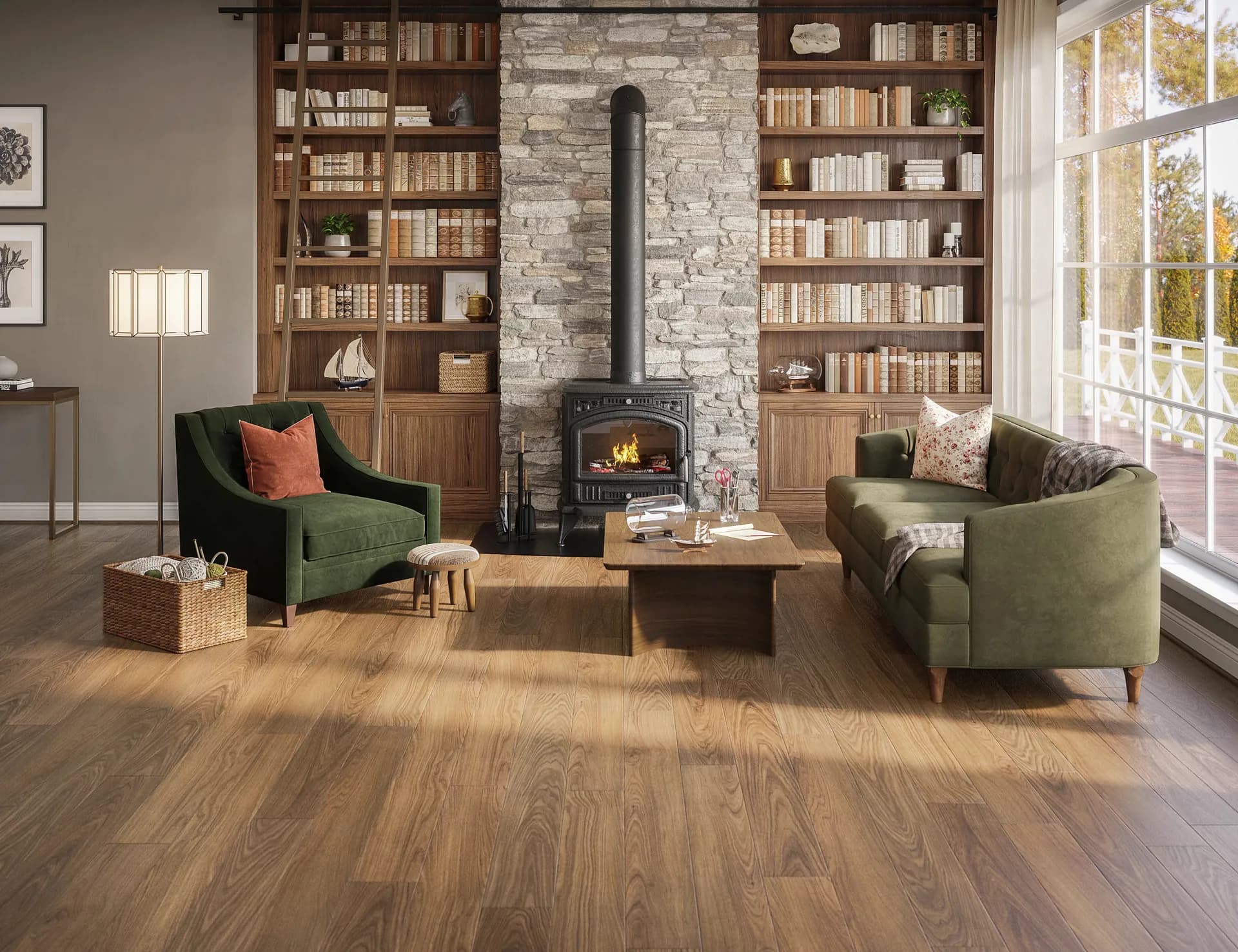 COREtec luxury vinyl plank in a library living room with a stone fireplace. Carried by Blackburn's Interiors, Winter Haven, FL