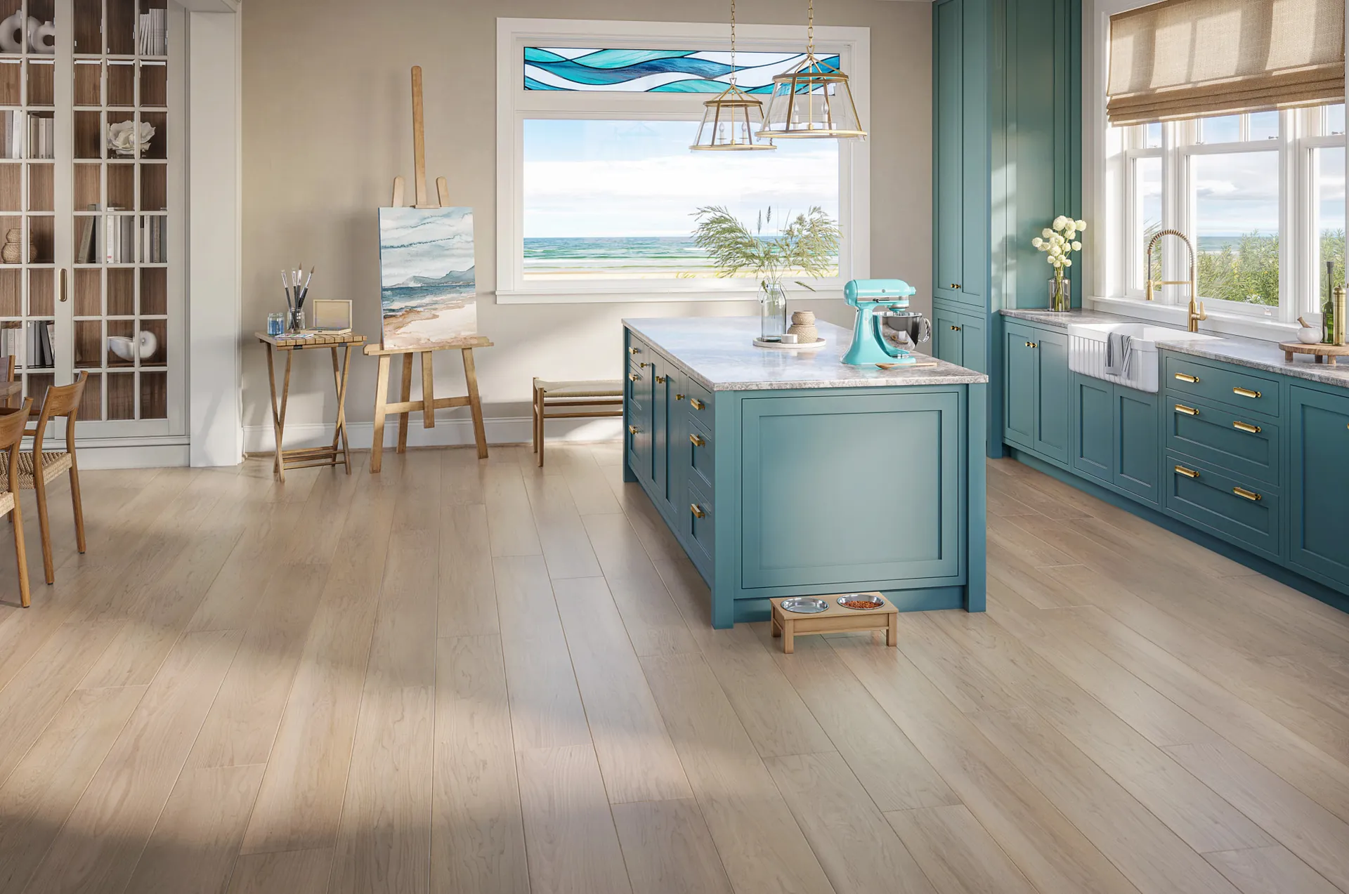 COREtec luxury vinyl plank in a kitchen with a teal island and art easel. Carried by Blackburn's Interiors, Winter Haven, FL