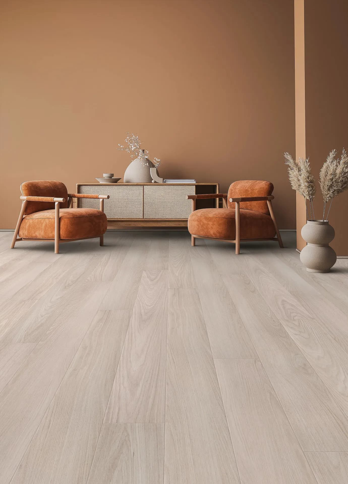 COREtec luxury vinyl plank in a lounge with terracotta walls. Carried by Blackburn's Interiors, Winter Haven, FL