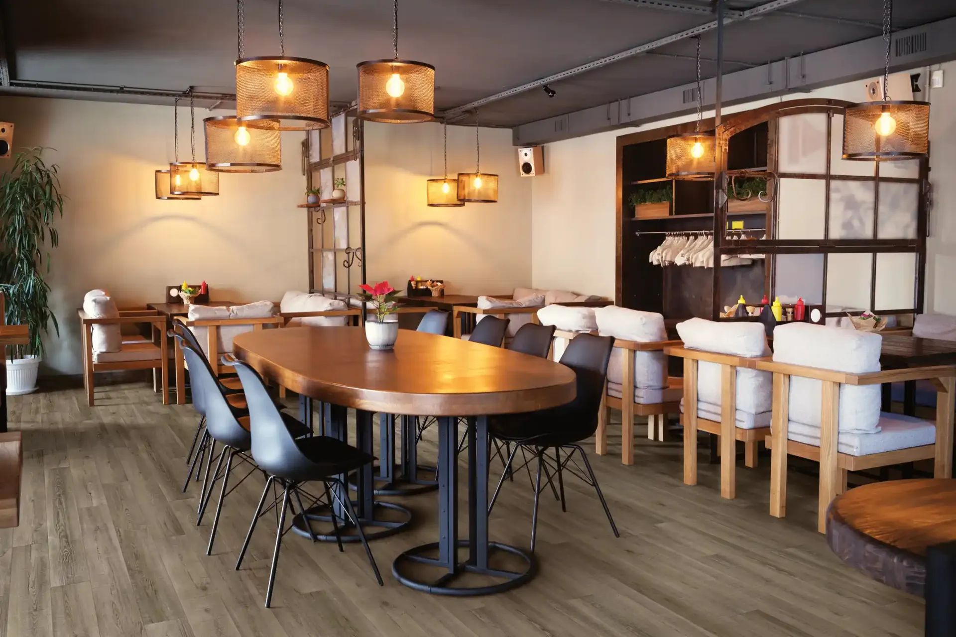 COREtec Pro Plus luxury vinyl plank in a restaurant dining room. Carried by Blackburn's Interiors, Winter Haven, FL