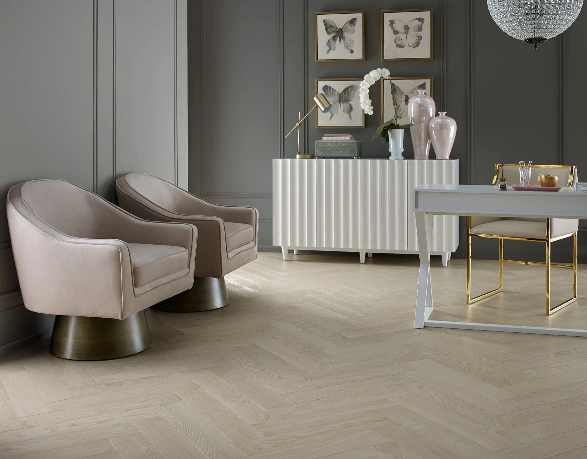 Shaw Fifth Avenue Oak hardwood in Astor, laid herringbone in a gray home office. Hardwood flooring for Auburndale, FL homes