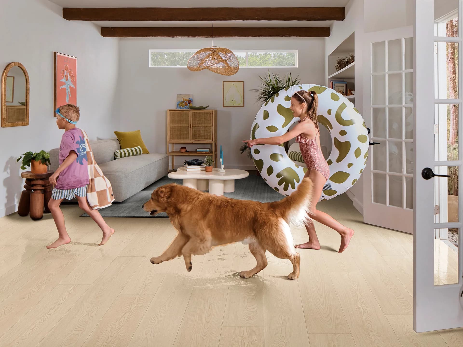 Kids and a golden retriever running across Shaw Komondor laminate in Birchwood Cream. Shaw laminate dealer in Winter Haven, FL