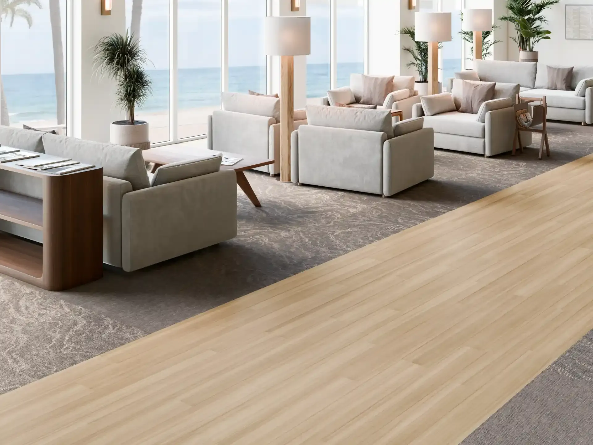 Philadelphia Commercial carpet tile and plank in a coastal hospitality lobby. Carried by Blackburn's Interiors, Winter Haven, FL