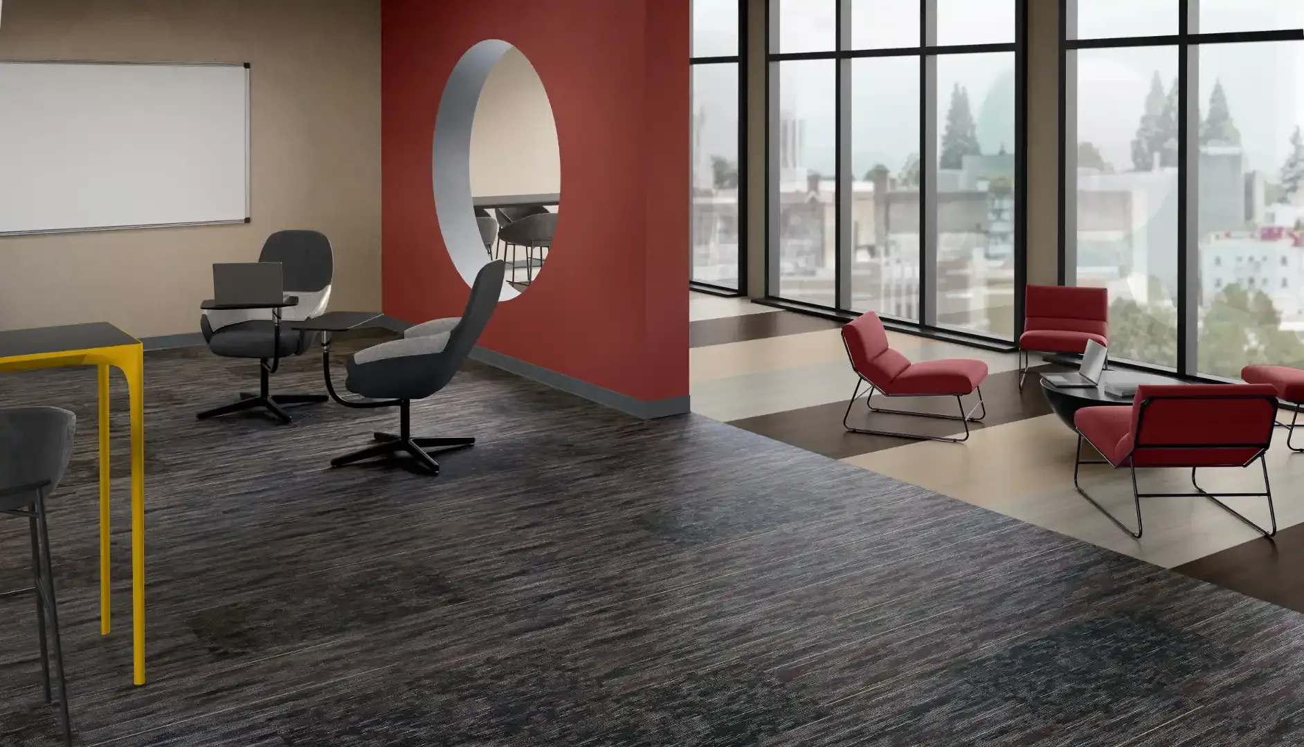 Philadelphia Commercial carpet tile in a huddle space with lounge seating. Carried by Blackburn's Interiors, Winter Haven, FL