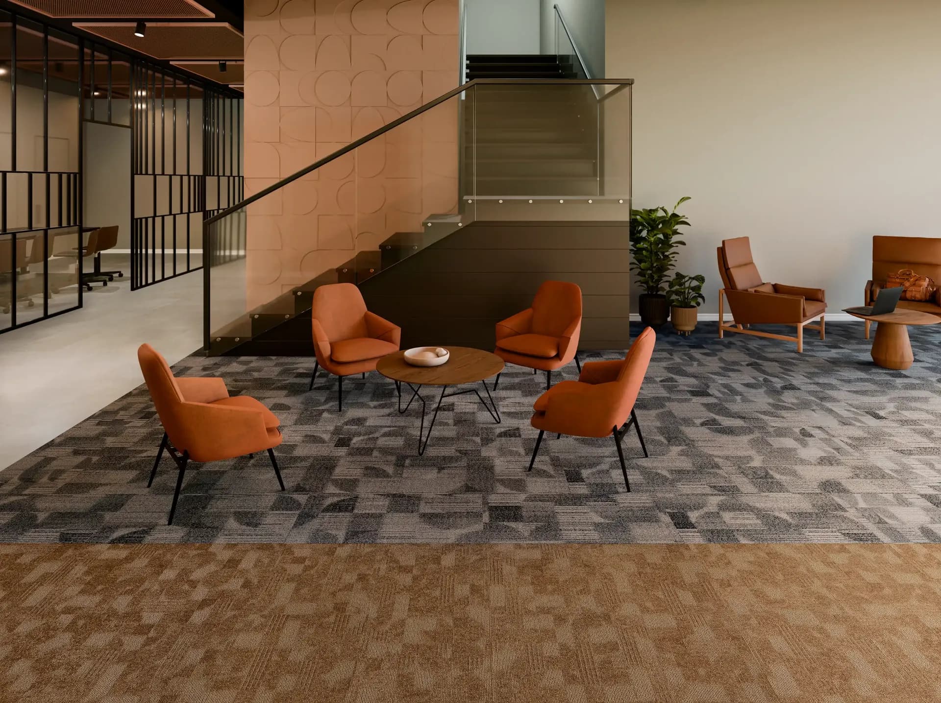 Philadelphia Commercial carpet tile beneath an open staircase lounge. Carried by Blackburn's Interiors, Winter Haven, FL