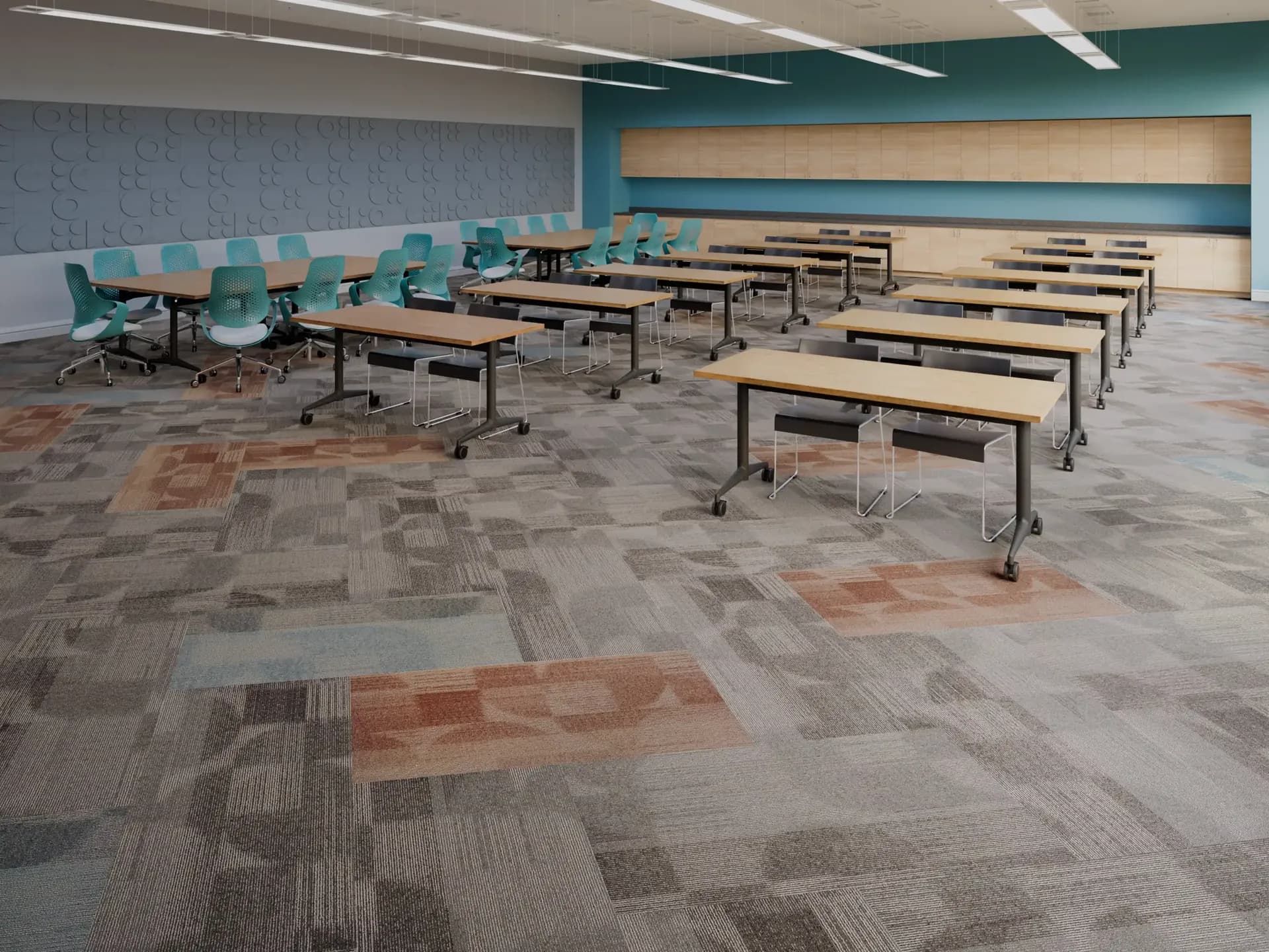 Philadelphia Commercial carpet tile in a training room, ashlar installation. Carried by Blackburn's Interiors, Winter Haven, FL