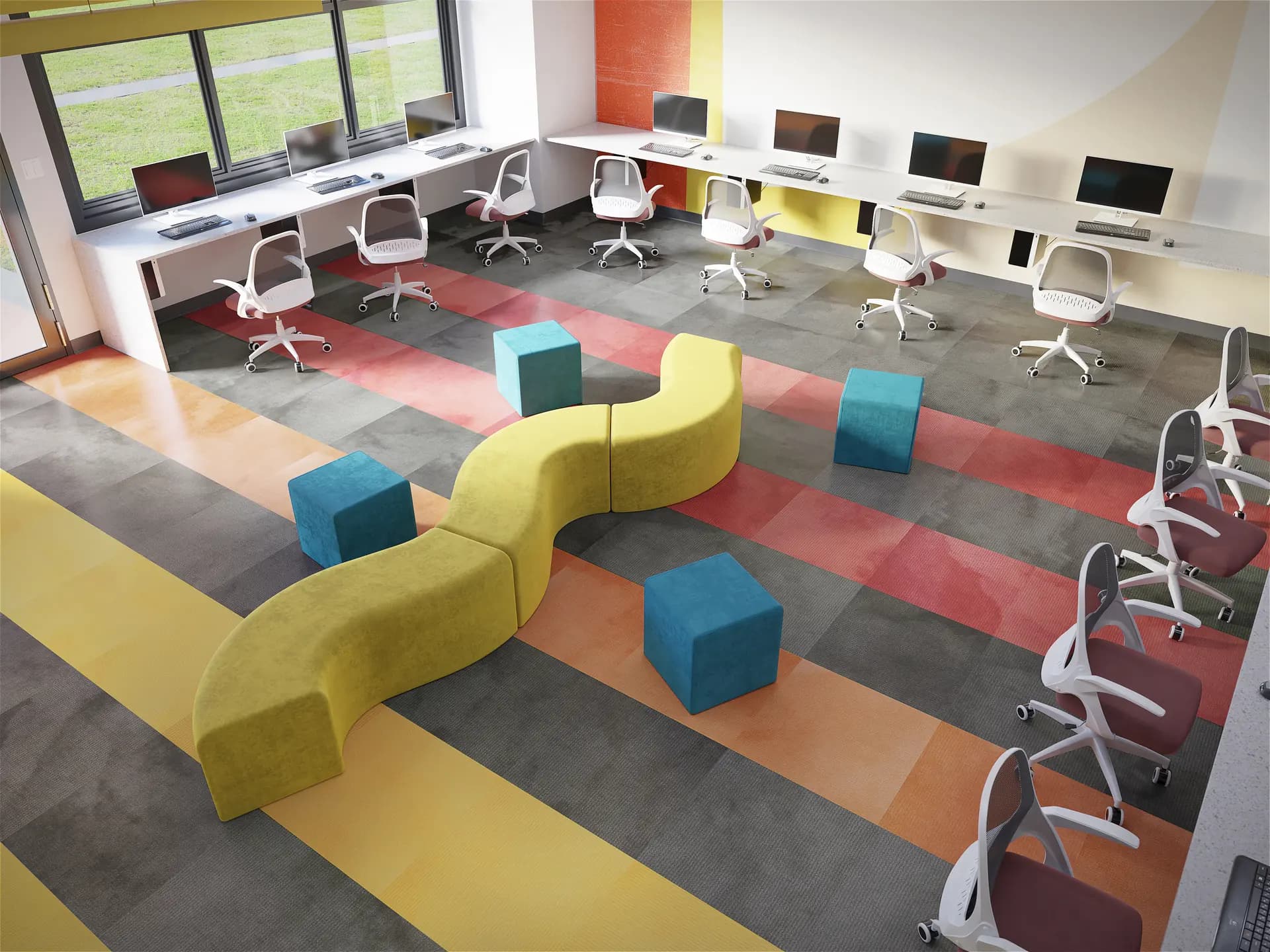 Philadelphia Commercial carpet tile in color bands in a daylit computer lab. Carried by Blackburn's Interiors, Winter Haven, FL