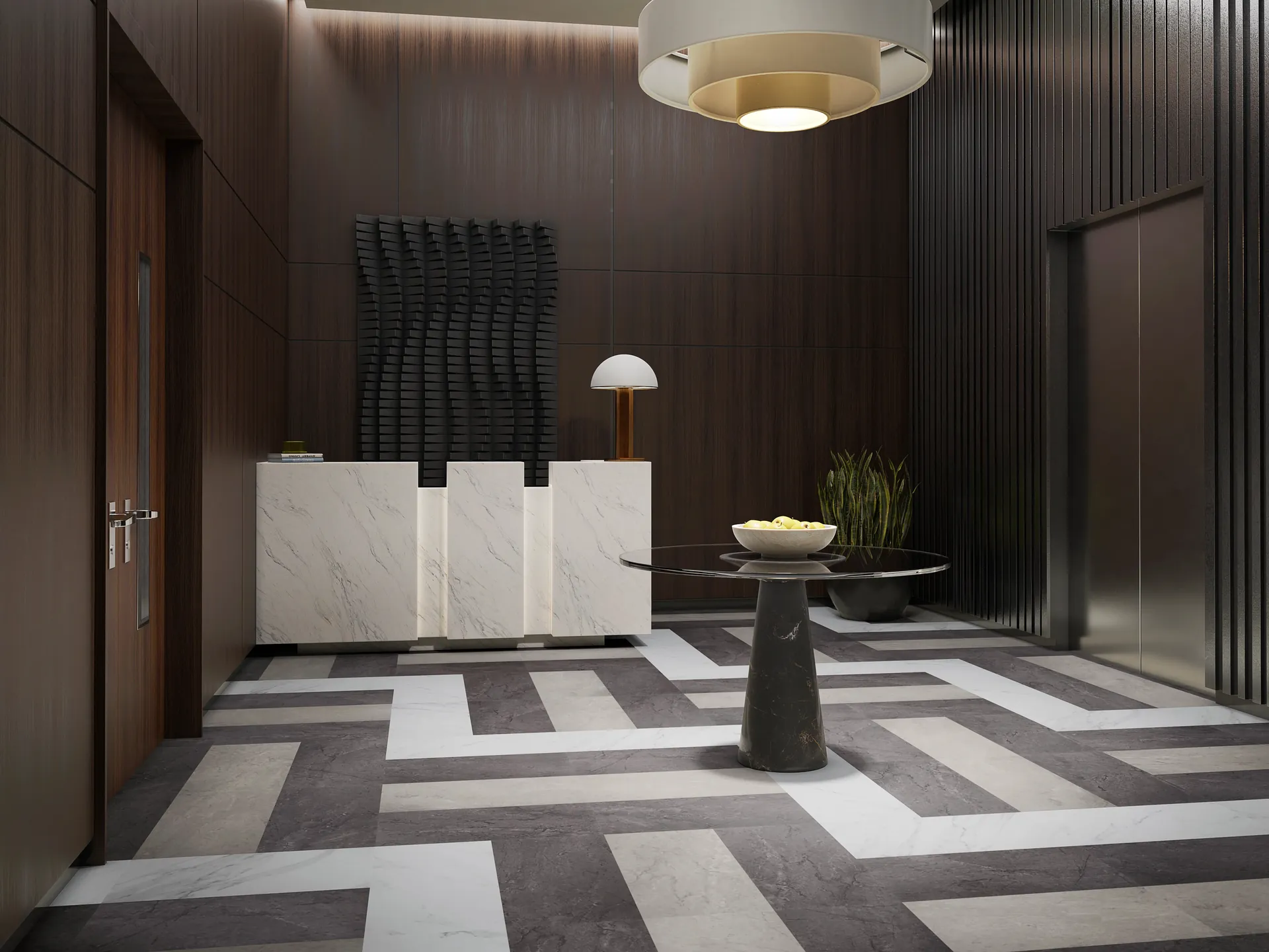 Philadelphia Commercial resilient flooring in a herringbone reception area. Carried by Blackburn's Interiors, Winter Haven, FL