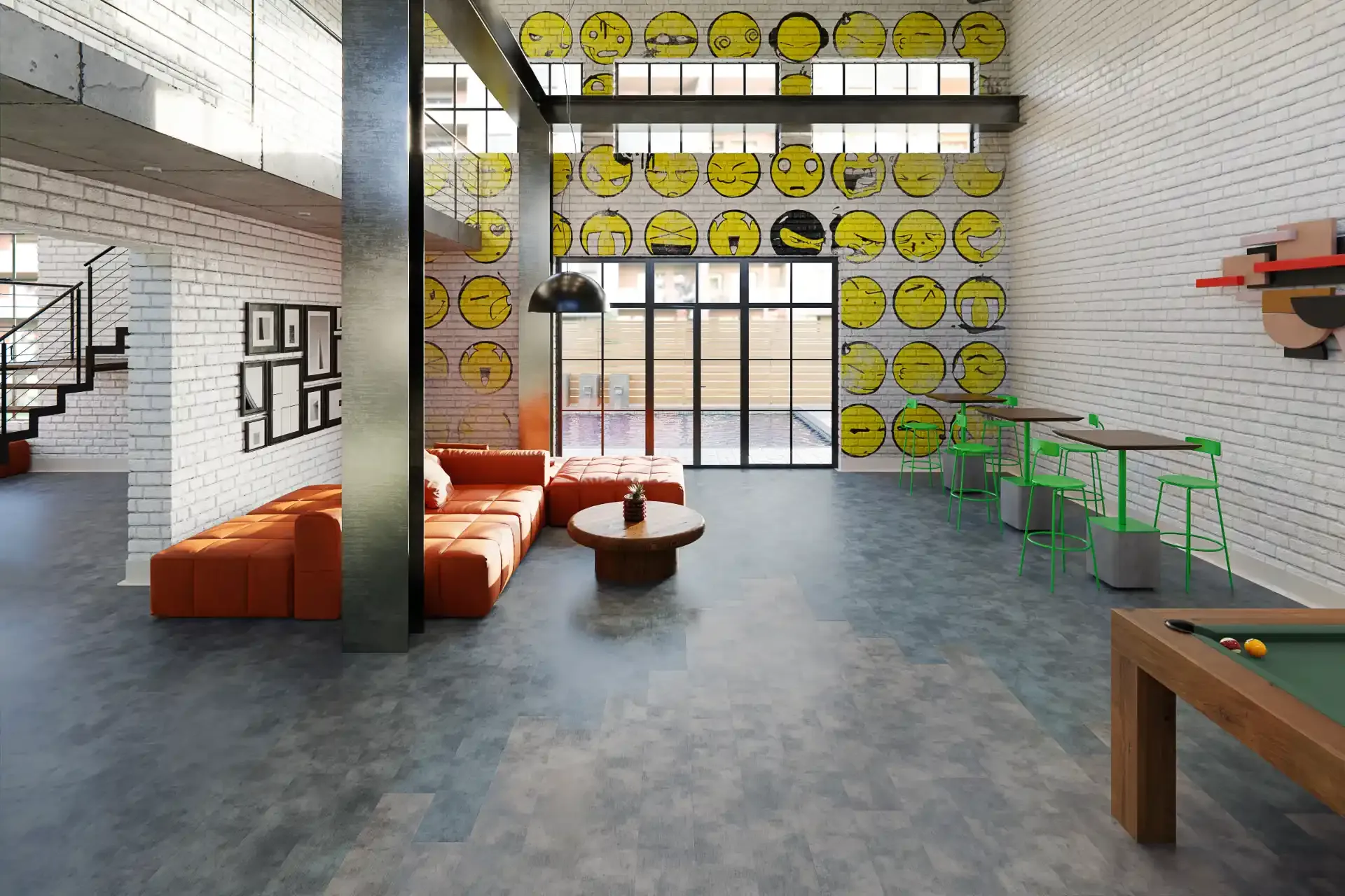 Philadelphia Commercial resilient flooring in a loft lounge with orange seating. Carried by Blackburn's Interiors, Winter Haven, FL