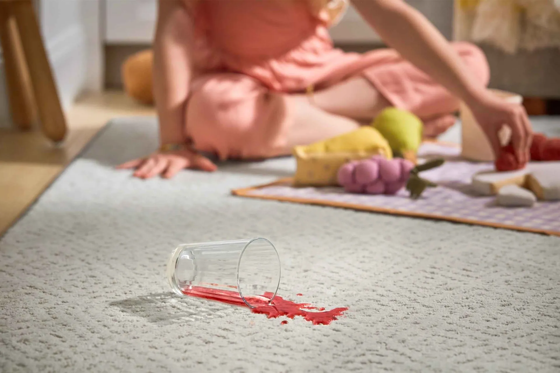 A spilled cup on Shaw Elaborate Artifact stain-resistant carpet. Carried by Blackburn's Interiors, Winter Haven, FL