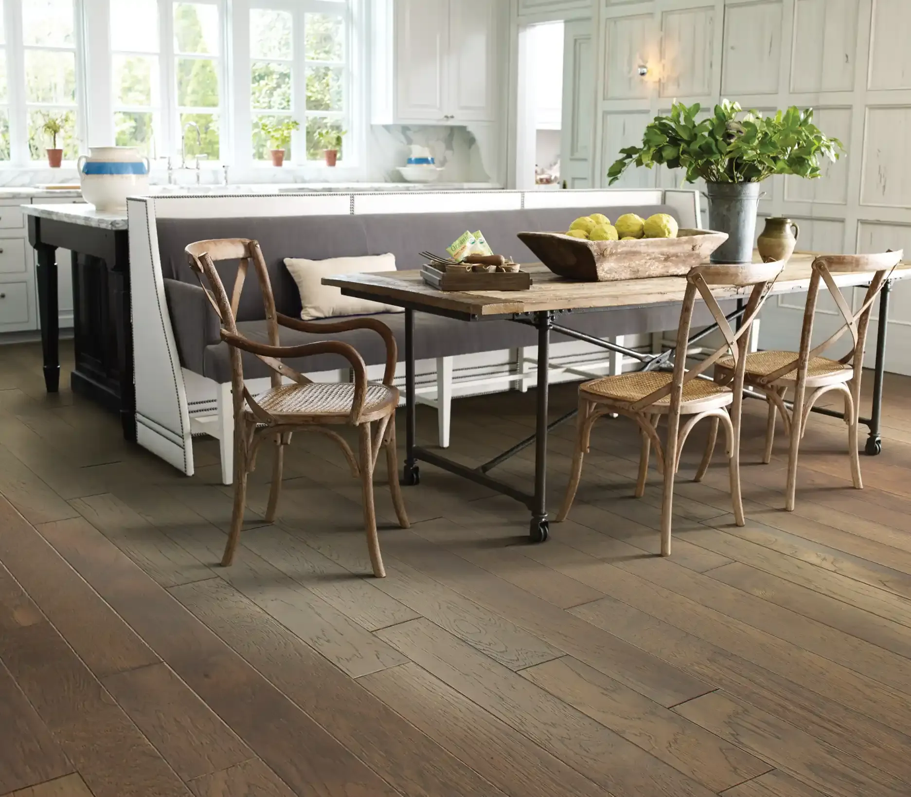 Shaw Mineral King hardwood in Crystal Cave in a farmhouse kitchen. Carried by Blackburn's Interiors, Winter Haven, FL