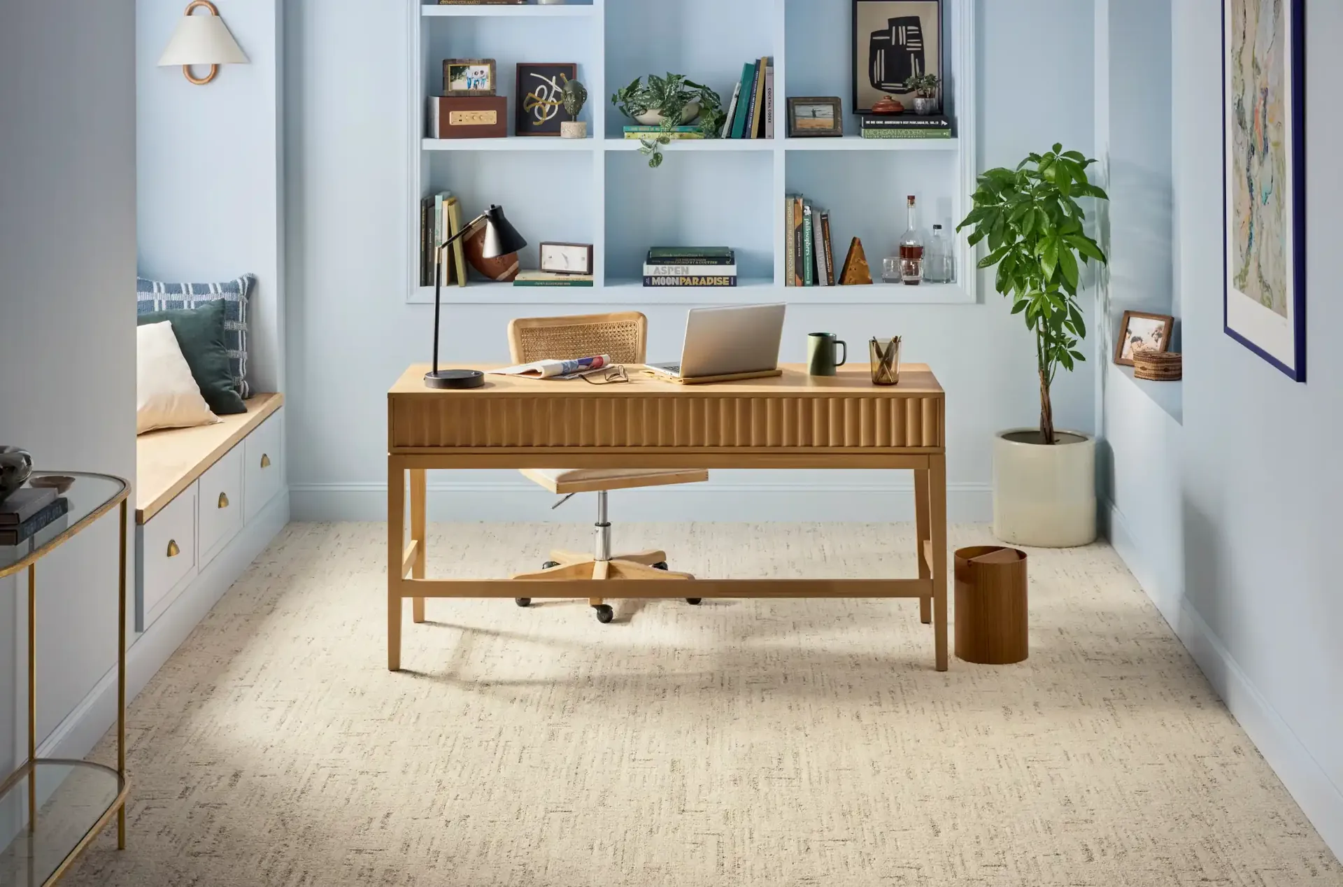 Shaw Quiet Refuge carpet in Woven Path in a home office. Carried by Blackburn's Interiors, Winter Haven, FL