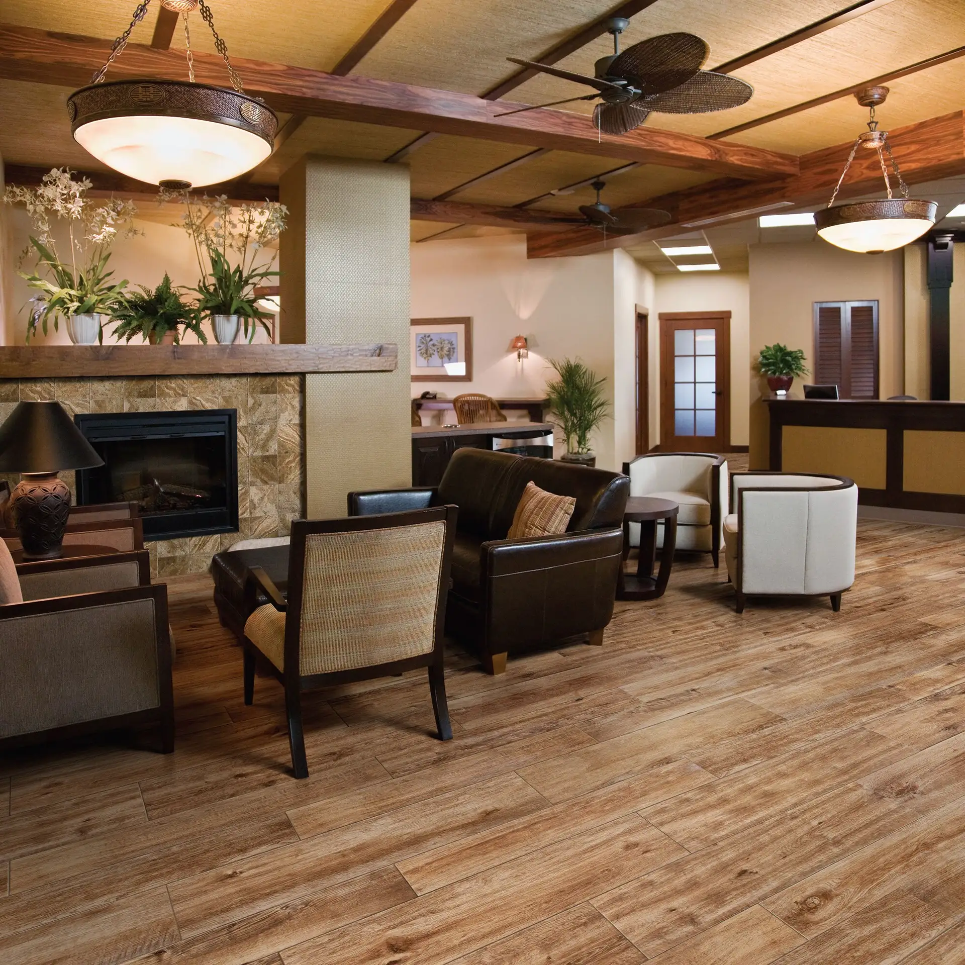 Marazzi American Estates wood-look porcelain tile floor in a furnished living area, a tile line we carry