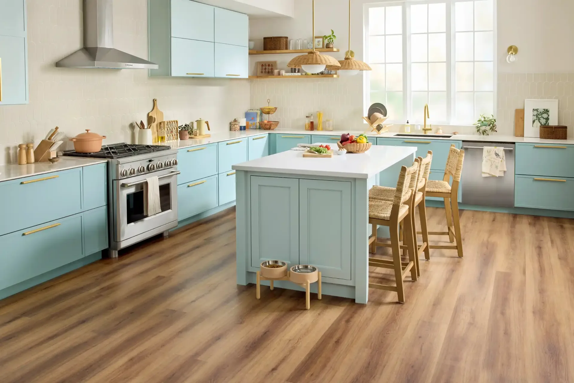 Wood-look luxury vinyl plank in a light blue kitchen — best kitchen flooring for Winter Haven, FL