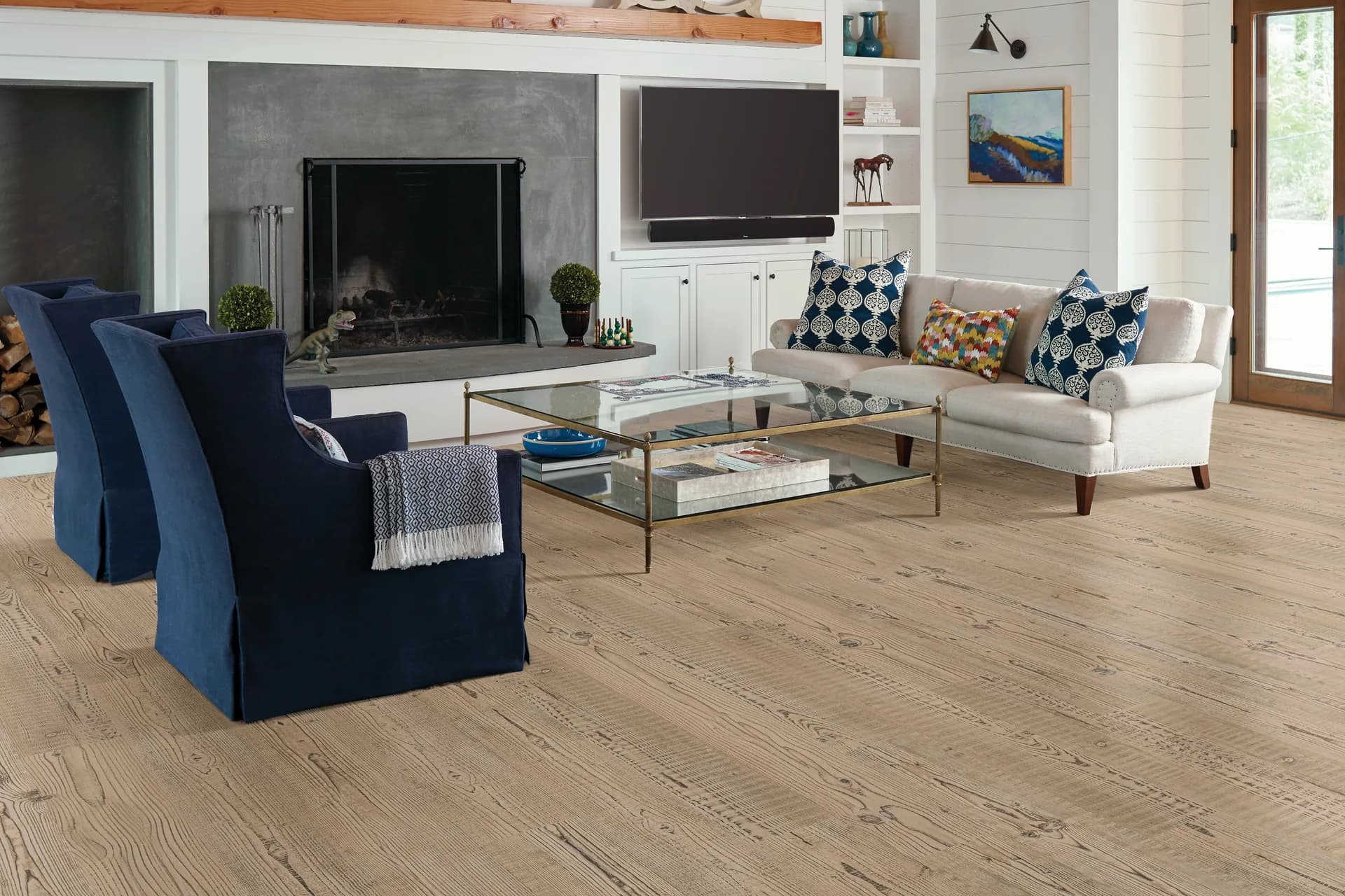Wood-look LVT in a furnished living room — durable flooring for Polk County, FL rental properties