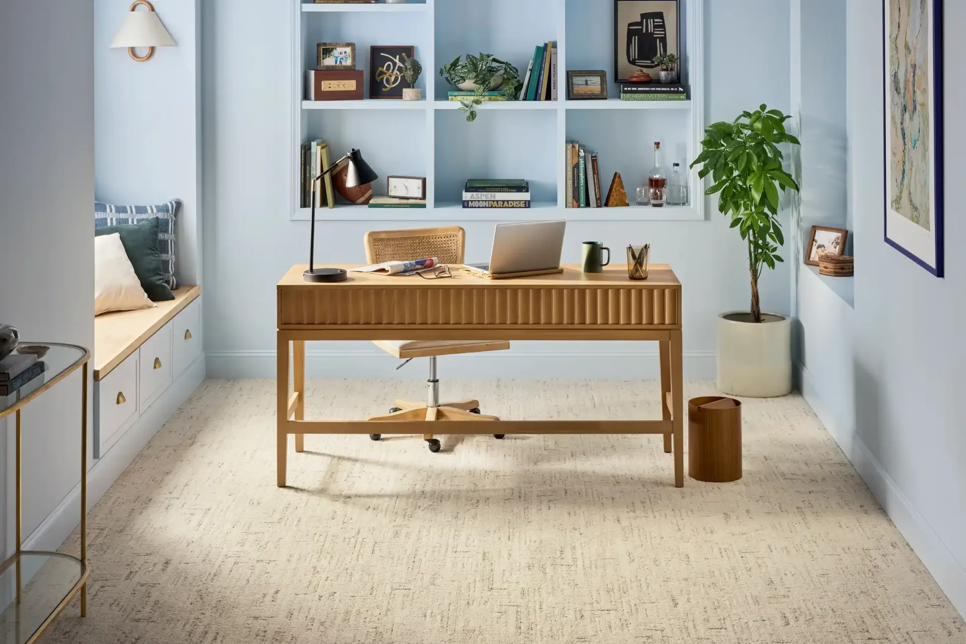 Home office with textured carpet and a wood desk — flooring buying guides for Polk County, FL homes