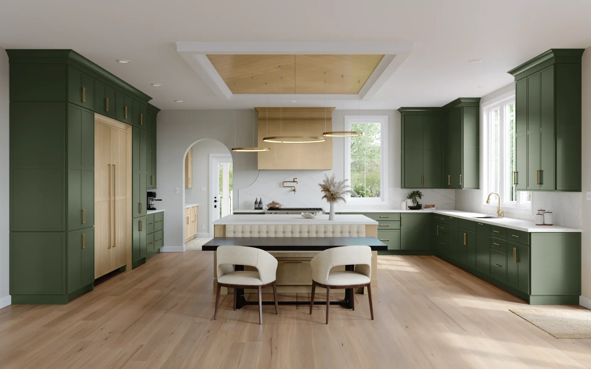 Medallion Audrey Flat Panel kitchen in Everpine green on maple, a Medallion kitchen scene from our cabinet line
