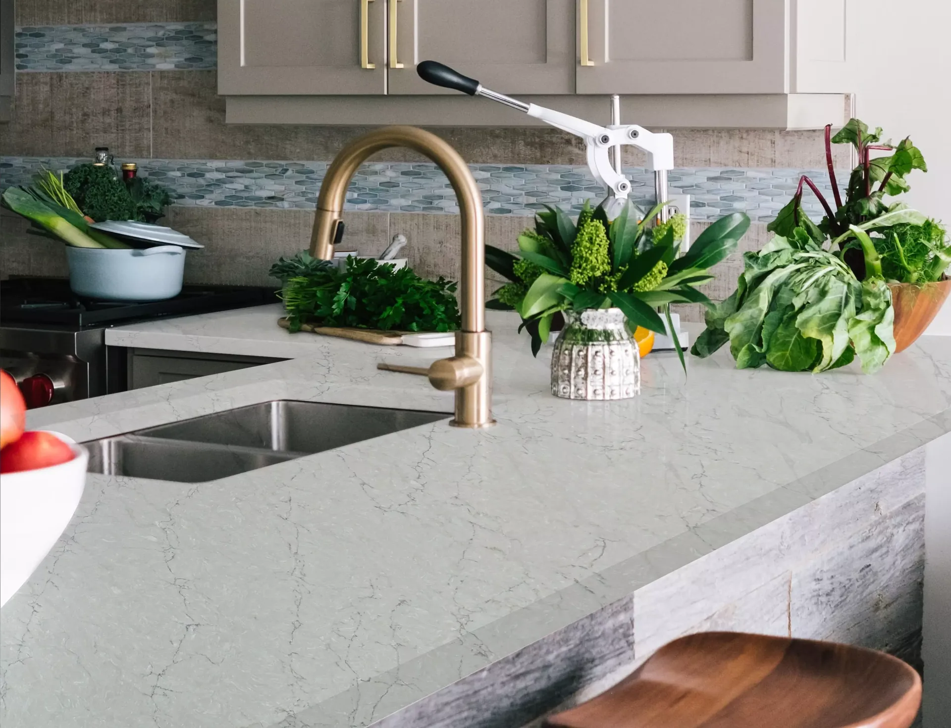 Quantum Quartz Botticelli countertop with brass fixtures, from the Quantum Quartz line we carry