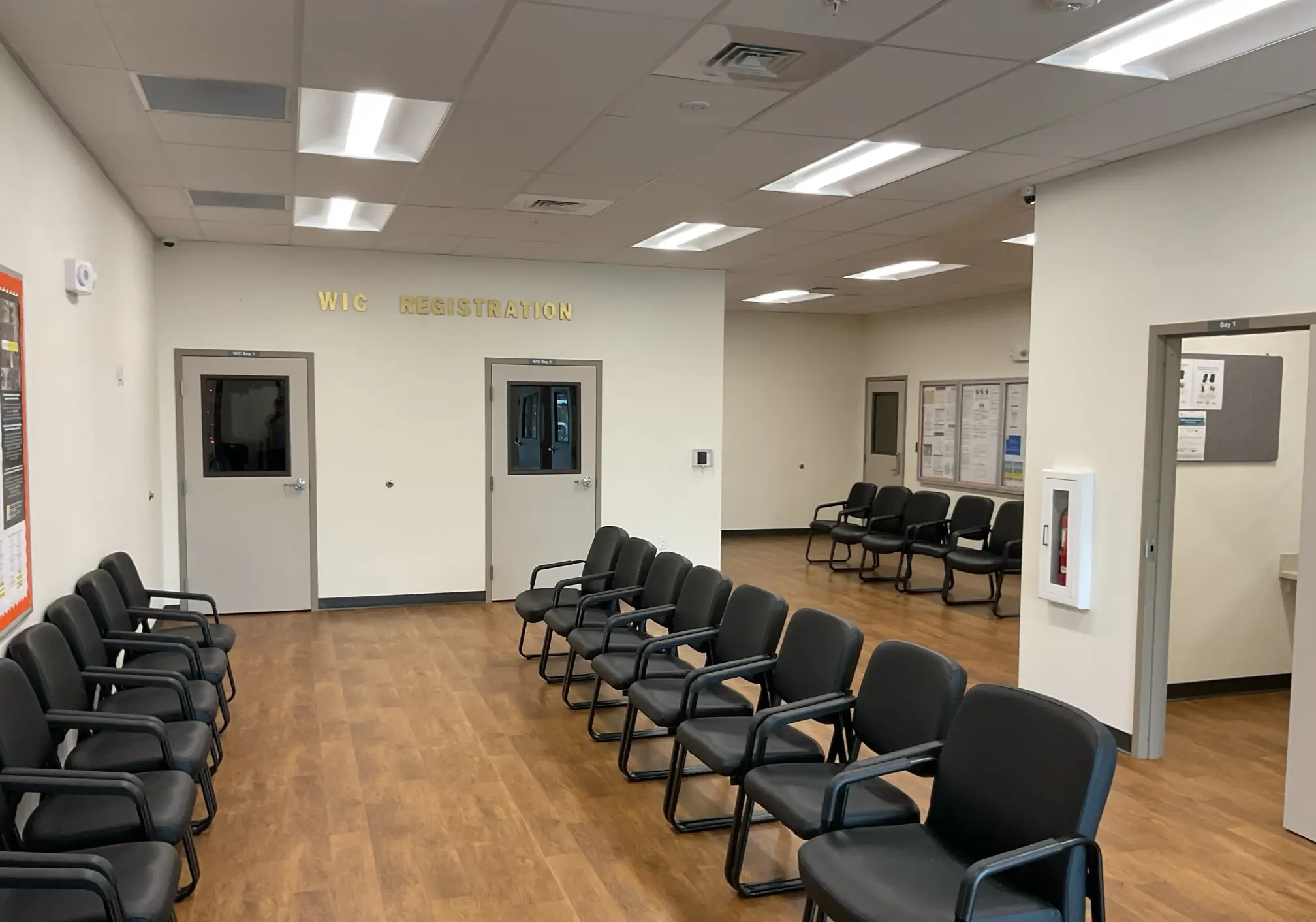 Wood-look flooring in the WIC registration waiting room at the DeSoto County Admin Building