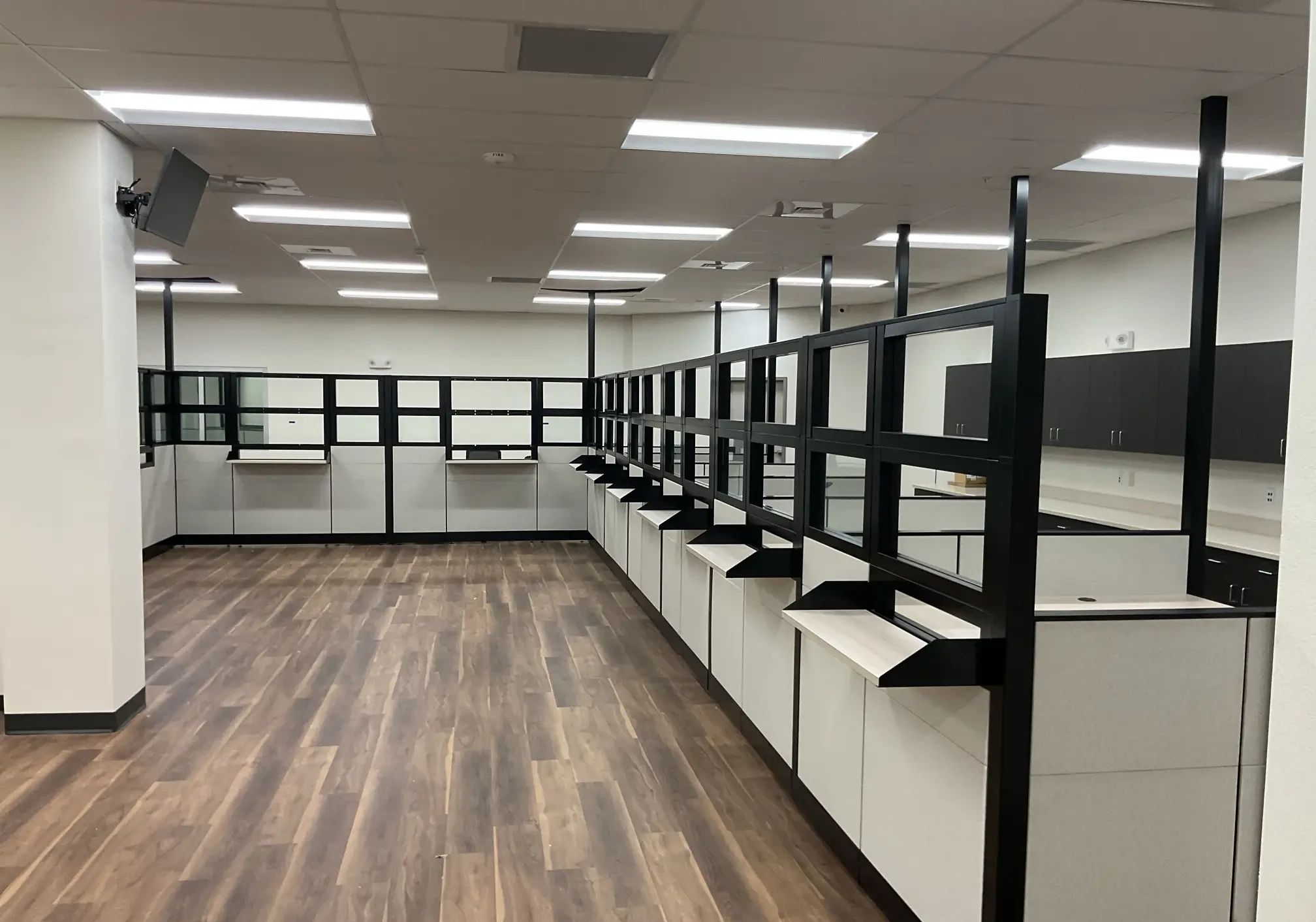 Wood-look flooring running the length of the service-counter hall at the DeSoto County Admin Building