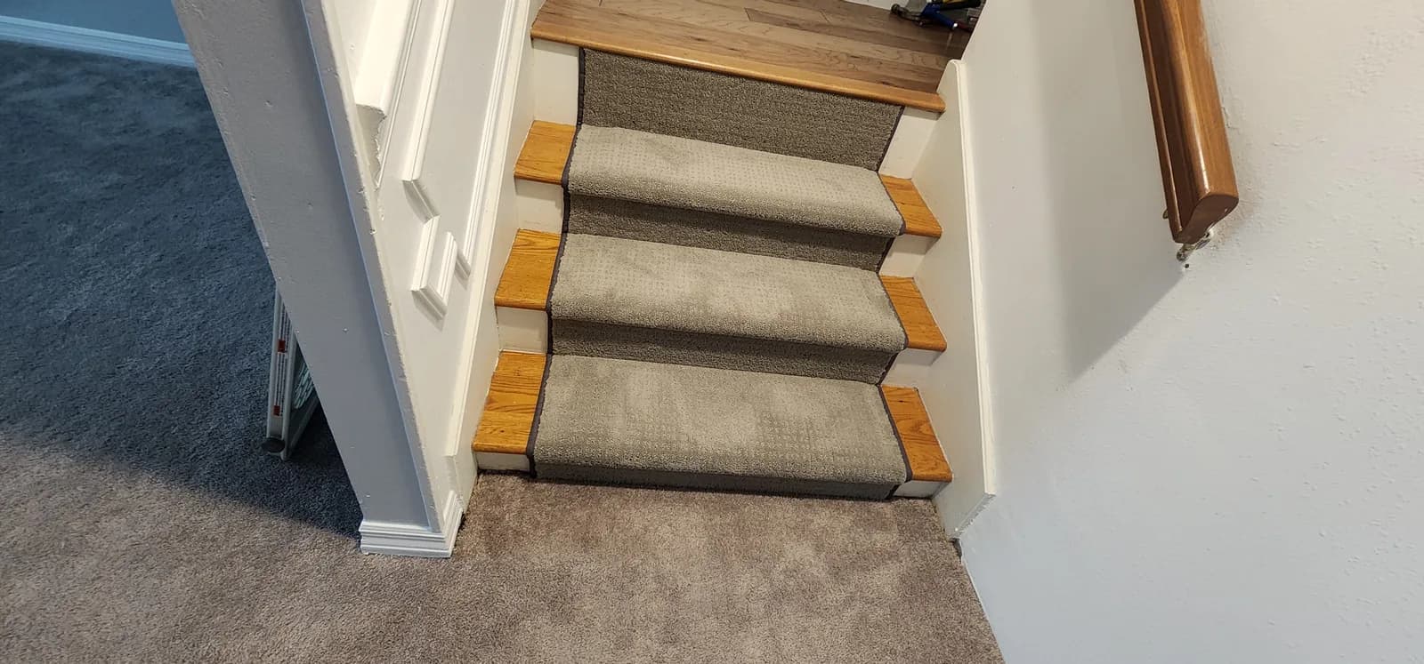 Gray Shaw Essential Now runner descending oak stairs past an oak handrail, wood treads showing at both edges
